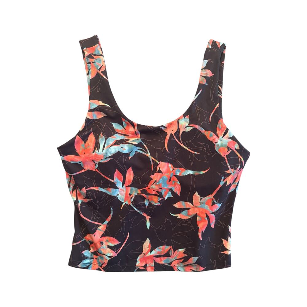 Brisas Women’s Medium Tropical Floral Crop Tank Top Black Stretch Workout